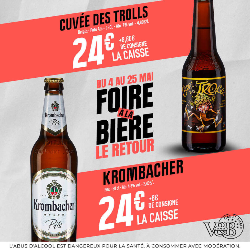 Foire à la bière V and B bière belge Cuvée des Trolls et bière allemande Krombacher